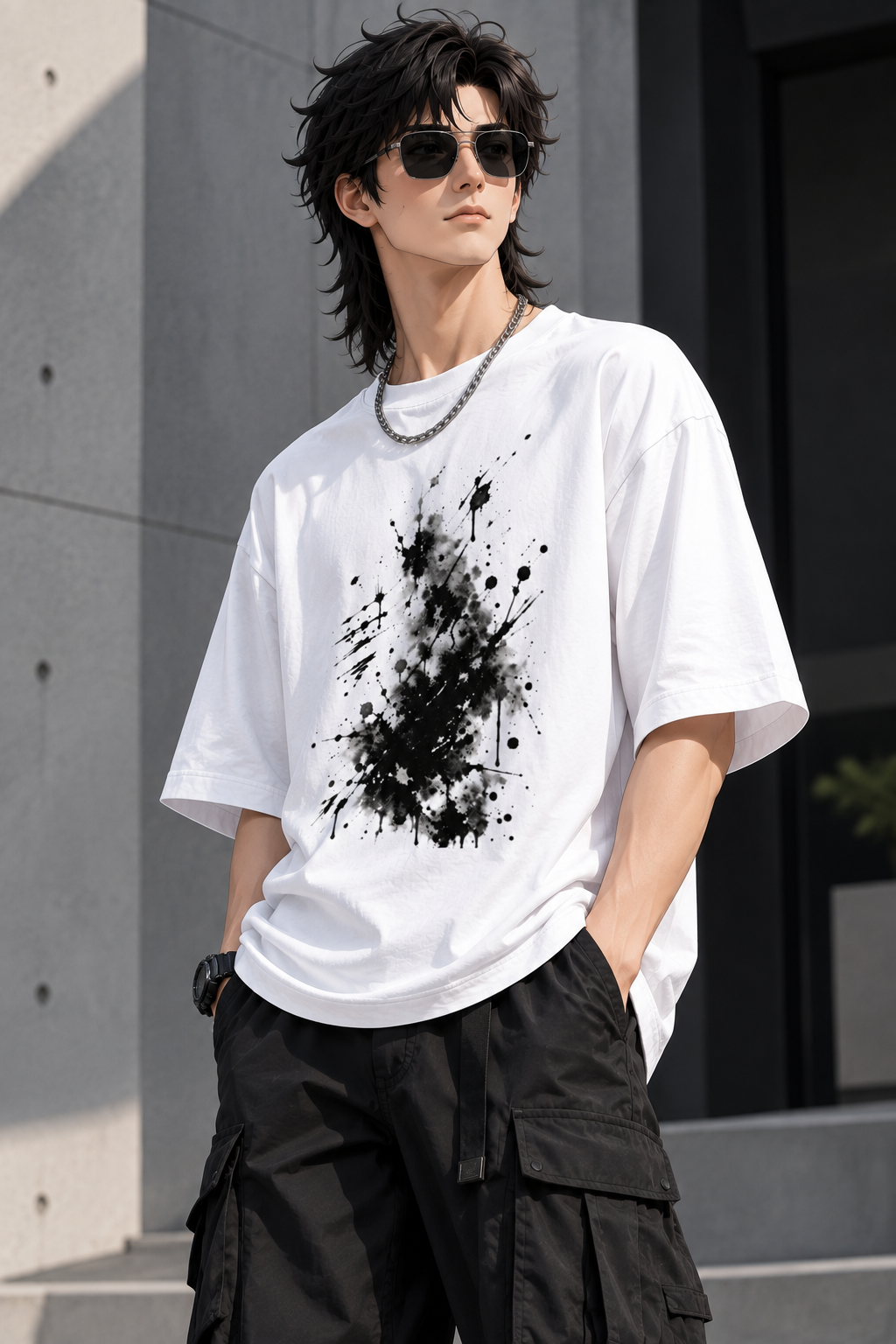 Unisex Black Splash Grunge Drop-Shoulder T-Shirt